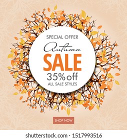 Autumn sale banner template with branches and berries. Circle frame. Vector