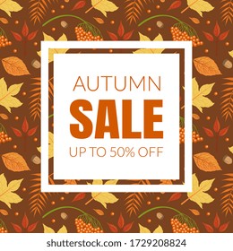 Autumn Sale Banner Template with Colorful Leaves Seamless Pattern, Fall Season Shopping Promotional Leaflet, Flyer, Invitation Card Vector Illustration