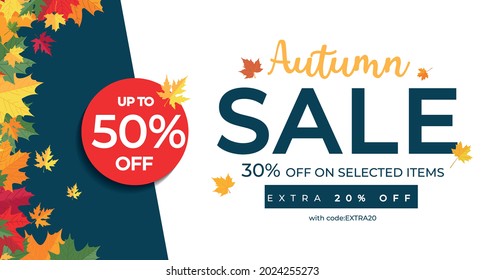 Autumn sale banner template with colorful maple leaves. Fall seasonal shopping design template for flyer, brochure, poster, voucher. Flat style vector illustration.