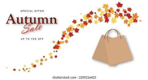 Autumn sale banner template decorate with maple leaves in warm color tone for shopping sale or promotion poster and web banner. Vector illustration.