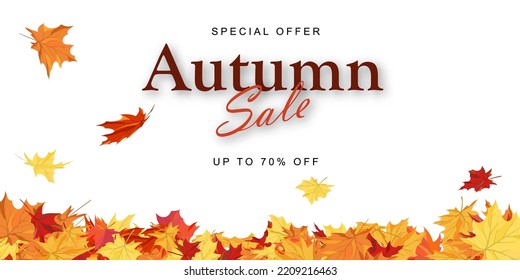 Autumn sale banner template decorate with maple leaves in warm color tone for shopping sale or promotion poster and web banner. Vector illustration.