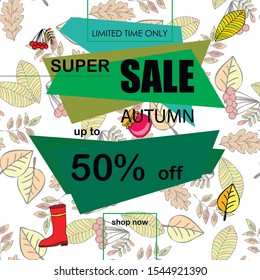 Autumn sale banner template design, Special offer. Ad concept. Vector illustration.