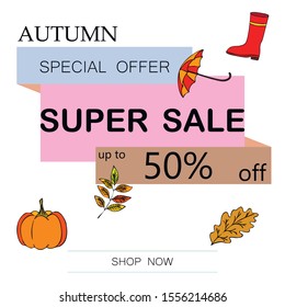 Autumn sale banner template design, Special offer. Ad concept. Vector illustration.