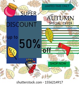 Autumn sale banner template design, Special offer. Ad concept. Vector illustration.