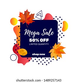 Autumn sale banner template with discount text label, memphis design elements and colorful autumn leaves for fall season shopping promotion. Vector illustration.