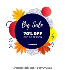 Autumn sale banner template with discount text label, memphis design elements and colorful autumn leaves for fall season shopping promotion. Vector illustration.