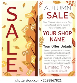 Autumn SALE banner template with fall motifs, discount tags, golden tree and yellow leaves