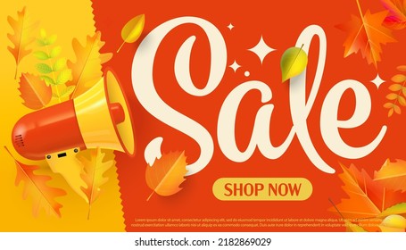 Autumn Sale Banner Template With Falling Leaves. Autumnal Design For Fall Season Sale Banner, Special Offer Poster, Flyer Vector Illustration. Marketing Sale Promotion For Seasonal Discount