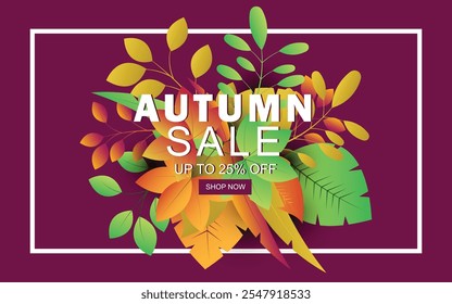 Autumn Sale banner template. Folded Paper art. Vector illustration