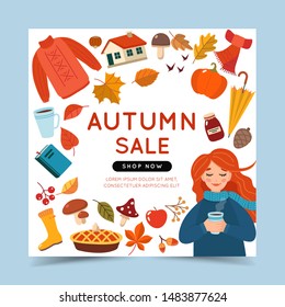 Autumn sale banner template with a girl and different autumn elements. Cute vector illustration in cartoon style.