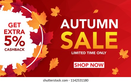 Autumn sale banner template with leaves, fall leaves for shopping sale. banner design. Poster, card, label, web banner. Vector illustration