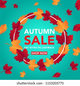 Autumn sale banner template with leaves, fall leaves for shopping sale. banner design. Poster, card, label, web banner. Vector illustration