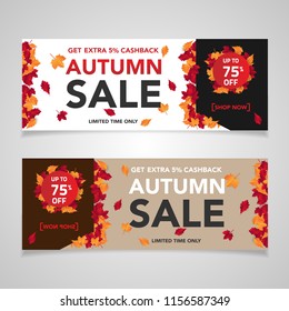 Autumn sale banner template with leaves, fall leaves for shopping sale. banner design. Poster, card, label, web banner. Vector illustration