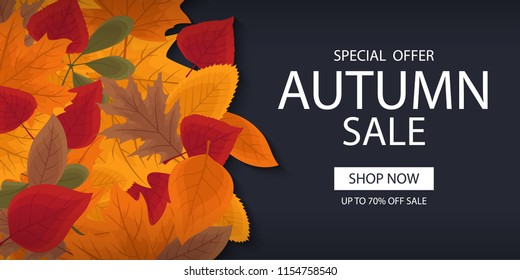 Autumn sale banner template with lettering. Background layout decorate with red, yellow and brown leaves for shop. Modern realistic design. Beautiful wallpaper. Flat style vector illustration.