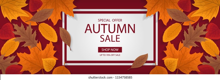 Autumn sale banner template with lettering. Background layout decorate with red, yellow and brown leaves for shop. Modern realistic design. Beautiful wallpaper. Flat style vector illustration.