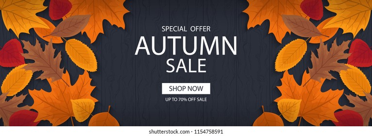Autumn sale banner template with lettering. Background layout decorate with red, yellow and brown leaves for shop. Modern realistic design. Beautiful wallpaper. Flat style vector illustration.