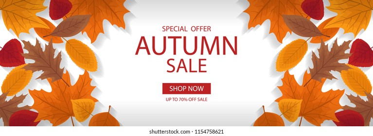 Autumn sale banner template with lettering. Background layout decorate with red, yellow and brown leaves for shop. Modern realistic design. Beautiful wallpaper. Flat style vector illustration.