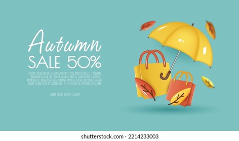 Autumn sale banner template with realistic umbrella and autumn leaves. Vector illustration