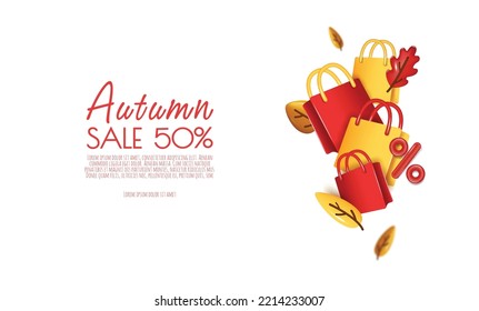 Autumn sale banner template with realistic shopping bag and autumn leaves. Vector illustration.