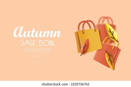 Autumn sale banner template with realistic shopping bag and autumn leaves. Vector illustration.