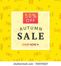 Autumn sale banner template. Shopping discount promotion. Poster, card, flyer, label design. Vector illustration 