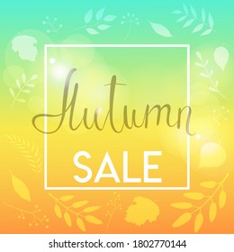 Autumn sale banner template. Vector illustration with calligraphy lettering.  Leaves on the blurred bokeh background.