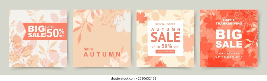 Autumn Sale banner templates. Set of abstract beautiful autumn backgrounds. Poster or cover on the theme of the Fall season. Vector for card, flyer, design, advertising, web, social media