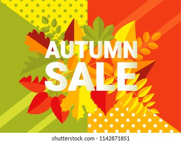 AUTUMN SALE banner typography design. Retro fall letters with flat style autumn leaves. Creative lettering for seasonal sales. Vector illustration