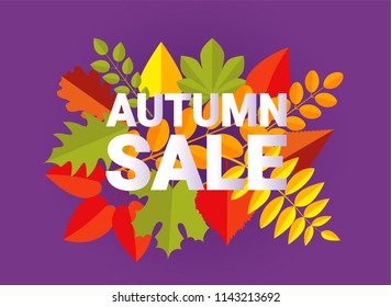 AUTUMN SALE banner typography design. Retro fall letters with flat style autumn leaves. Creative lettering for seasonal sales. Vector illustration