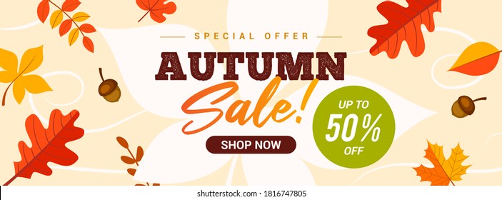 Autumn Sale  Banner Vector illustration. Autumn leaves floating in the wind, flat design