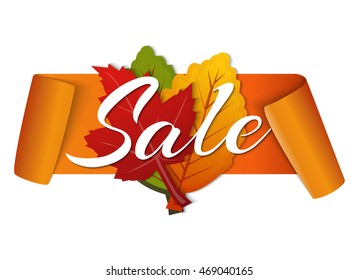 Autumn sale banner vector illustration. Colorful leaves with paper scroll banner