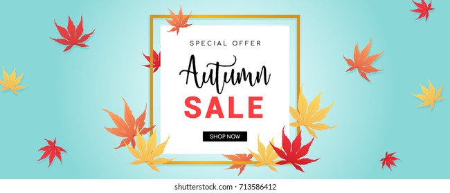 Autumn Sale Banner Vector illustration, Autumn leaves on bright blue background.