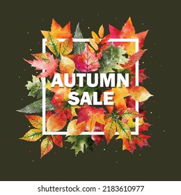 Autumn Sale Banner With Watercolor Autumn Leaves For Social Medis Posts, Templates, Bright Fall Illustration Of Orange, Red, Green ,ellow Leaves For Sale Promotions