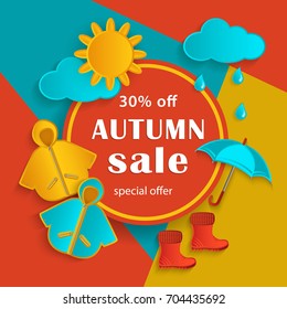 Autumn sale banner with white round frame and fall objects raincoat, umbrella, rubber boots on abstract background, flat cartoon vector illustration. Autumn fall sale banner with flat cartoon elements