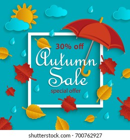 Autumn sale banner with white square frame and fall, rainy weather objects - cloud, sun, leaves, umbrella, flat cartoon vector illustration. Autumn, fall sale banner with flat cartoon elements