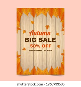 Autumn sale banner with wooden background