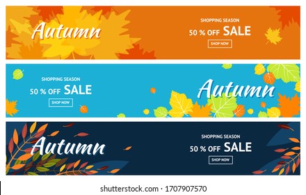 Autumn sale. Banners for 50% Promotion Autumn Discount. Vector falling leaves. For store booklet or web banner.