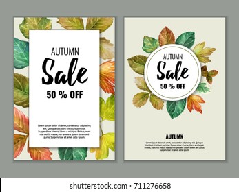 Autumn sale banners with colorful watercolor autumn leaves. Vector background. Layout for discount labels, flyers and shopping.