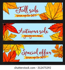 Autumn sale banners with golden and red leaves. Set of fall promo vector designs with hand drawn art.