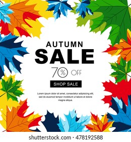 Autumn sale banners with multicolor maple autumn leaves. Vector fall poster background. Layout for discount labels, flyers and shopping.