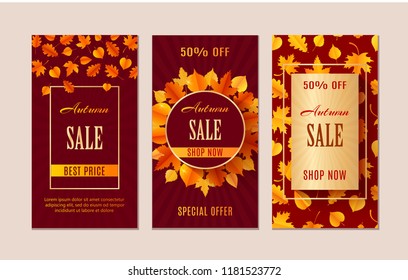 Autumn sale banners. Season leaf card design.