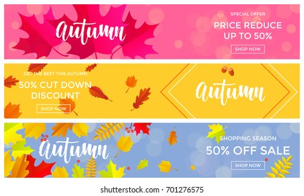 Autumn sale banners for September 50% shopping promo autumnal discount. Vector maple and oak acorn leaf foliage and discount text design for shop leaflet or web banner.