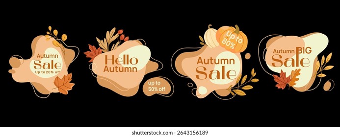 Autumn Sale banners set with leaves, pumpkins, and promotional text in warm colors. Sale Labels for e-commerce ads, social media promotions, website headers, email marketing, flyers.Vector graphics
