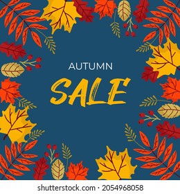 Autumn Sale - beatiful leaves, and berries on blue background. Vector seasonal template. Background for advertising or invitation.