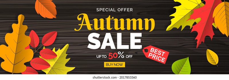 autumn sale best price special offer web banner design with colorful leaves on wooden background vector illustration