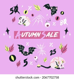 Autumn Sale, Big discounts promo banner or party invitation background with scary ghosts, eyes, bats, skulls and snake in cartoon style. Vector illustration, Place for text