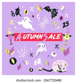 Autumn Sale, Big discounts promo banner or party invitation background with scary ghosts, eyes, bats, skulls and snake in cartoon style. Vector illustration, Place for text