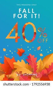 Autumn Sale blue background, banner, poster or flyer design. Vector illustration with bright beautiful leaves frame and text fall for it 40 % off. Template for advertising, web, social and fashion ads