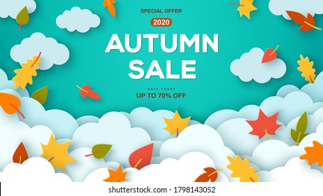 El otoño sale fondo azul con nubes cortadas de papel y hojas. Diseño de marco de venta de compras, afiche promocional. Ilustración vectorial. Plantilla de diseño con lugar para texto, folleto o banner web.