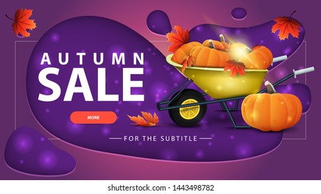 Autumn sale, blue discount banner with modern design for your website with garden wheelbarrow with a harvest of pumpkins and autumn leaves